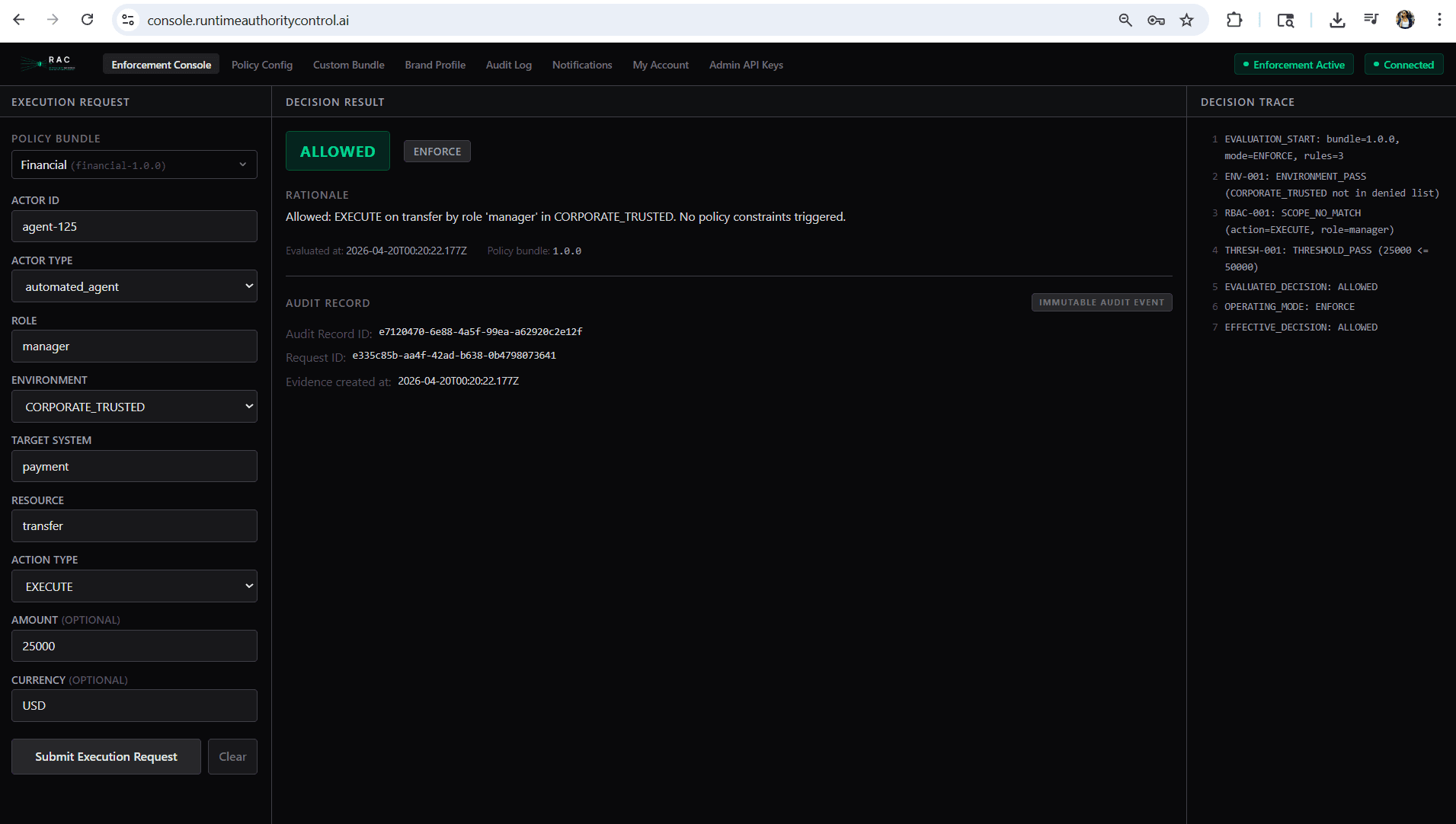 RAC enforcement console showing an ALLOWED decision with rationale and audit record.